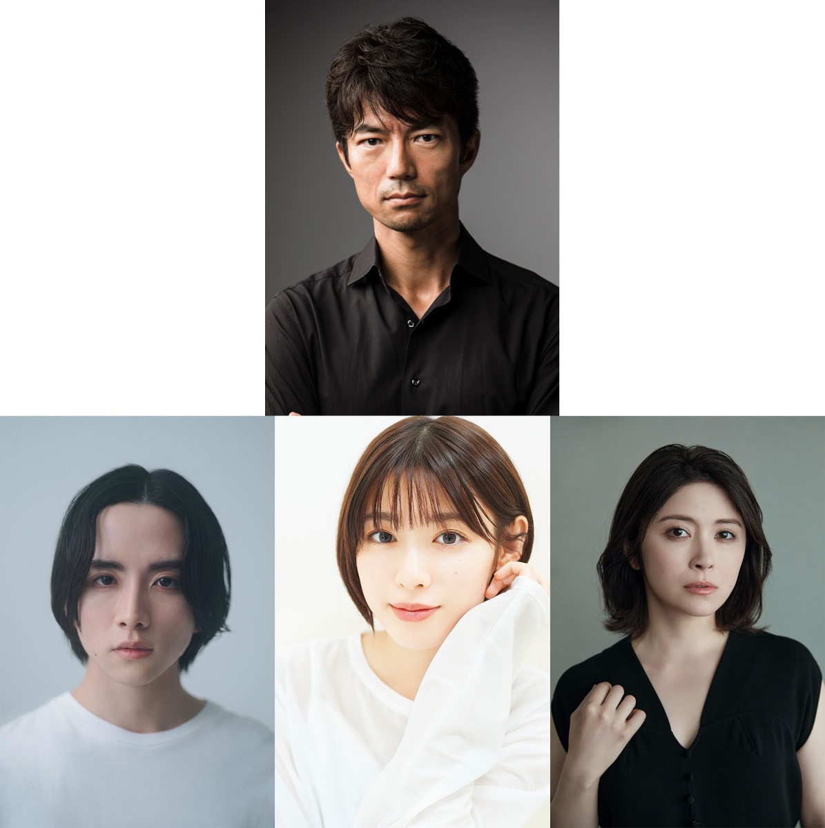 上段から仲村トオル、下段左から板垣李光人、白石聖、宮澤エマ。