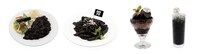 左から「黒く邪悪なカレー」「スパゲティ・ア・ランクル・ド・セイシュ -Spaghettis a l’encre de seiche-」「ヘブンズ・ドアーパフェ」「ルーヴルに隠された“黒”のソーダ」