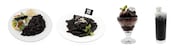 左から「黒く邪悪なカレー」「スパゲティ・ア・ランクル・ド・セイシュ -Spaghettis a l’encre de seiche-」「ヘブンズ・ドアーパフェ」「ルーヴルに隠された“黒”のソーダ」