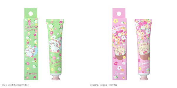 「Lovisiaちいかわ大集合ハンドクリーム」。左からモモンガ、ラッコ。