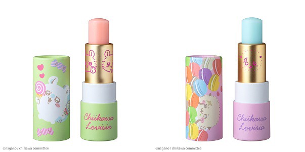 「Lovisiaちいかわ大集合リップクリーム」。左からモモンガ、ラッコ。