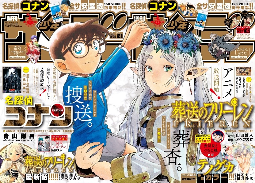 週刊少年サンデー41号と42号の表紙をつなげて完成するイラスト。 (c)青山剛昌／小学館　(c)山田鐘人・アベツカサ／小学館