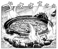 1600℃以上にもなる高火力ですっぽんを一気に炊く大市の「まる鍋」。