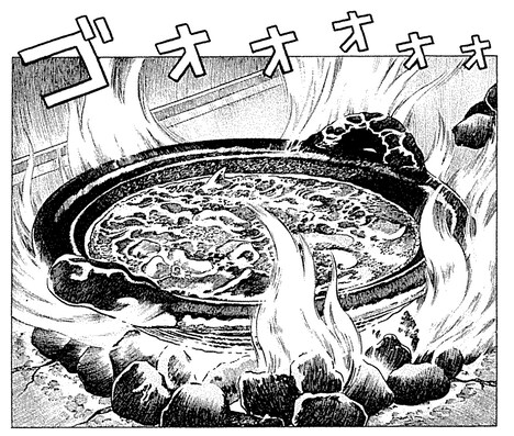 1600℃以上にもなる高火力ですっぽんを一気に炊く大市の「まる鍋」。