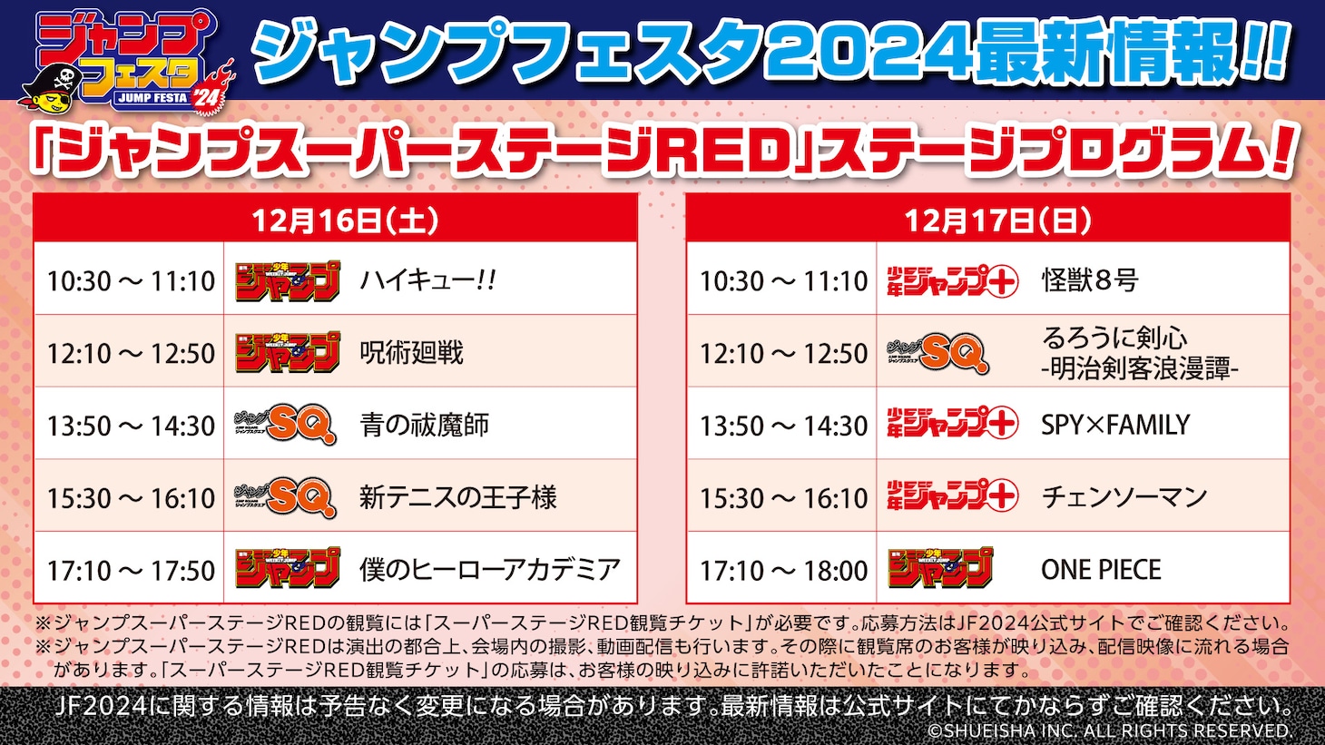 ジャンプスーパーステージREDのタイムスケジュール。
