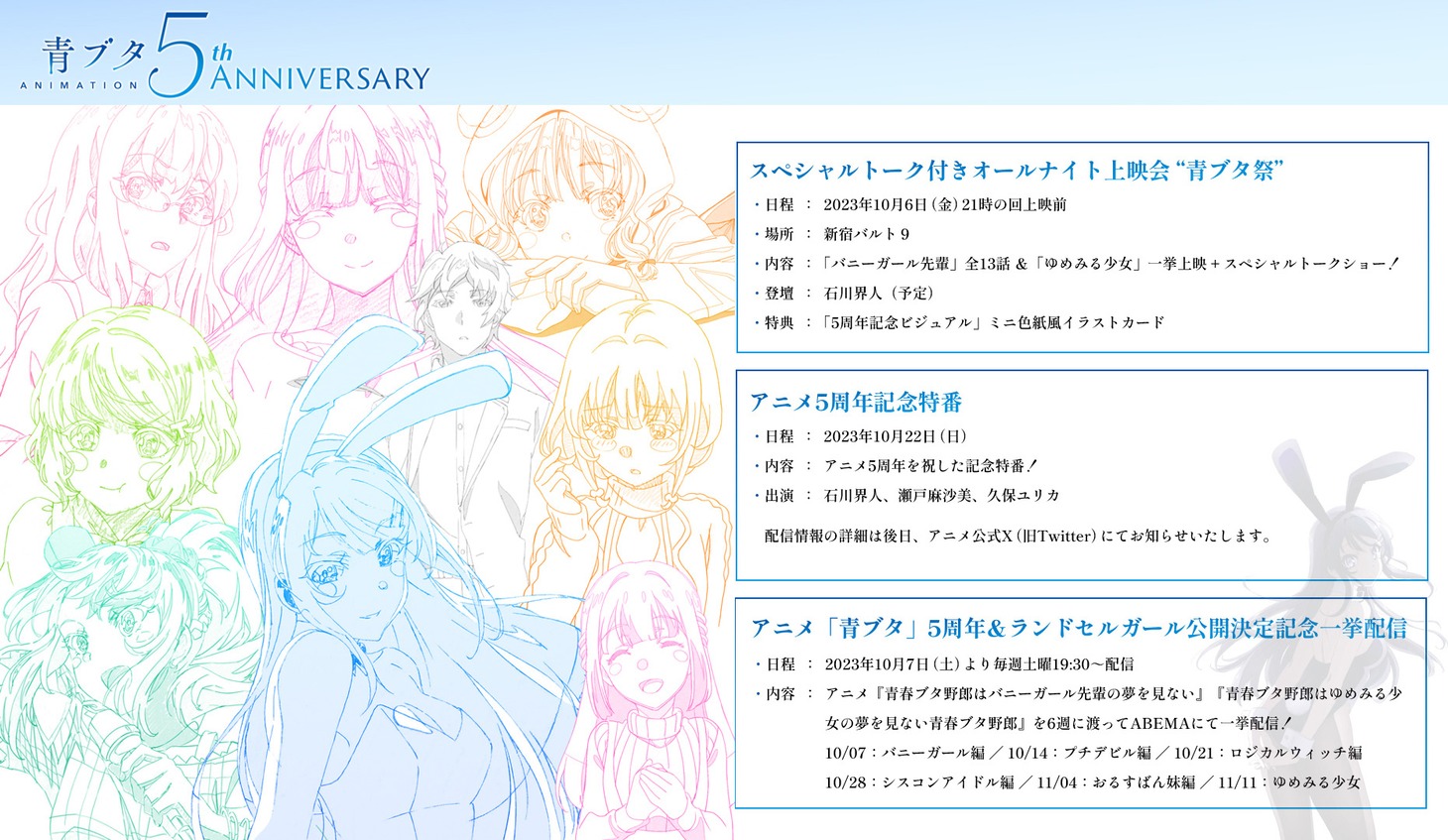「祝！アニメ『青ブタ』5周年記念企画」の告知画像。(c)2022 鴨志田一 / KADOKAWA/青ブタ