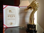 中国アニメ・マンガ金龍賞のトロフィーと賞状。