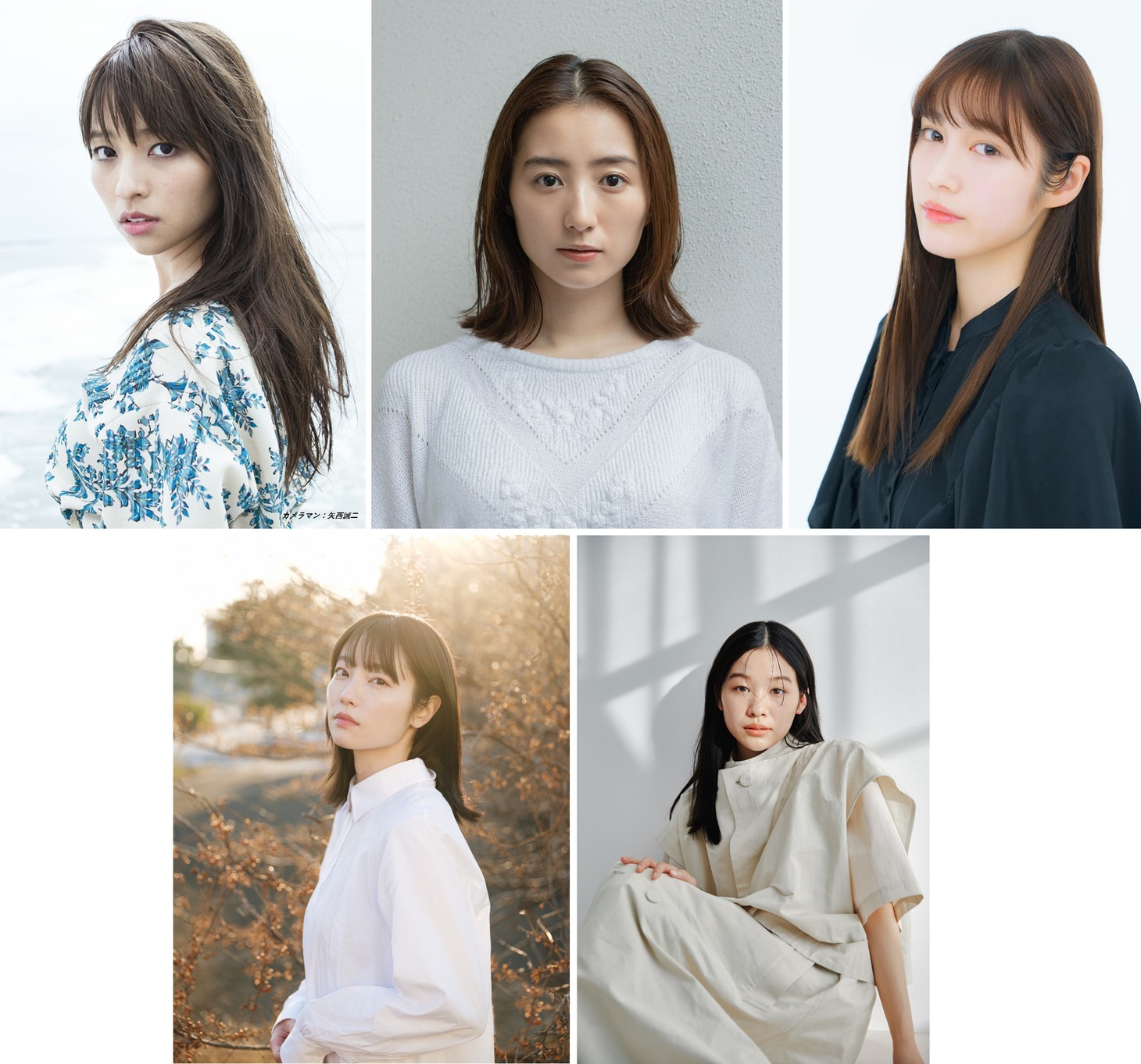 上段左から、水崎綾女、高田里穂、中村ゆりか、下段左から、向里祐香、森田想。