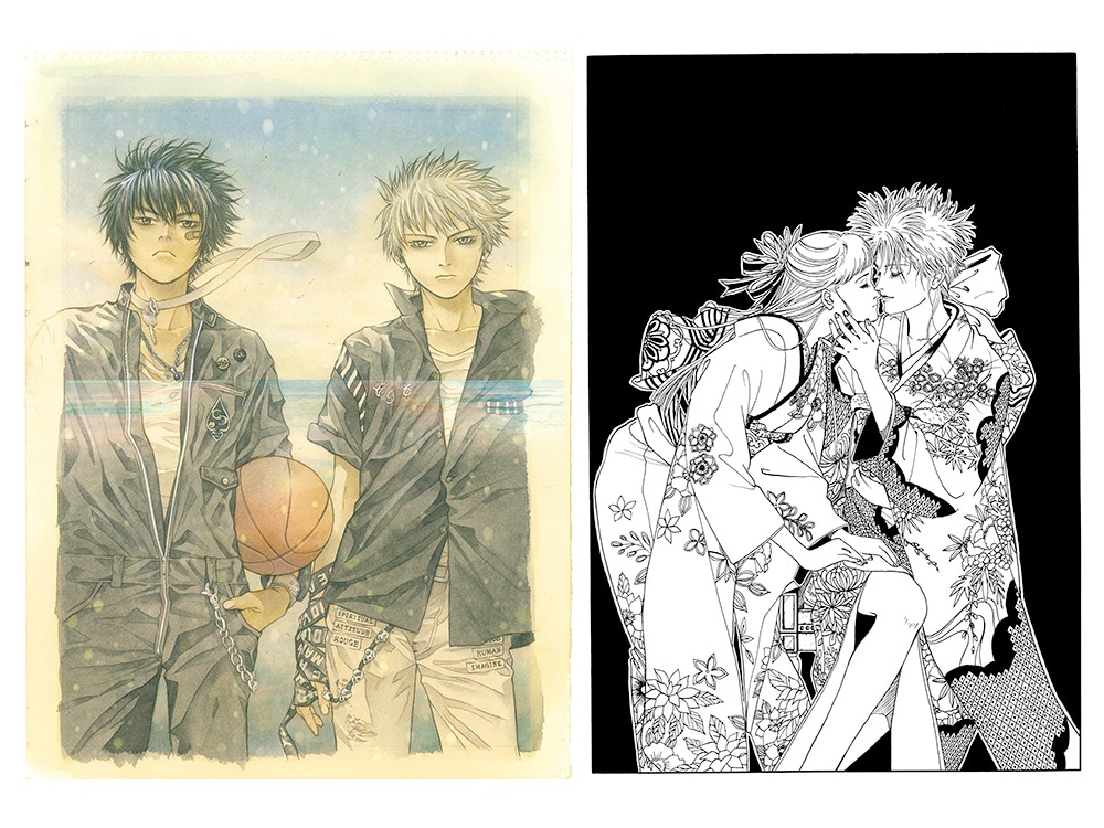 浅田弘幸と上條淳士のイラスト。(c)Hiroyuki Asada ／ SHUEISHA（左） (c)Atsushi Kamijo（右）