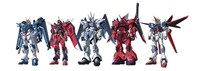 モビルスーツのデザイン。左から、ライジングフリーダムガンダム、イモータルジャスティスガンダム、ギャンシュトローム、ゲルググメナース、フォースインパルスガンダムSpecII。