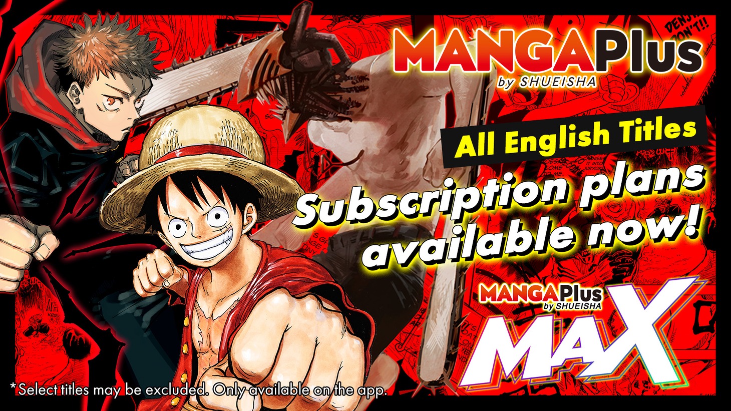 MANGA Plus MAXの告知バナー。 (c)尾田栄一郎/集英社 (c)芥見下々/集英社 (c)藤本タツキ/集英社