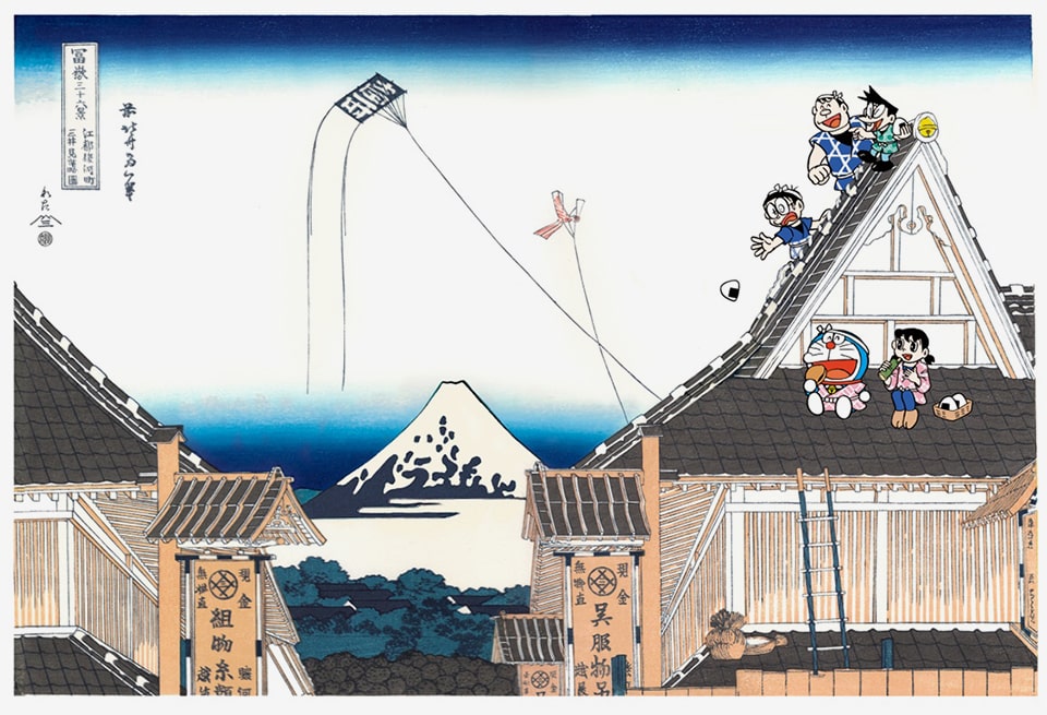 ドラえもん浮世絵 『富嶽三十六景・江都駿河町三井見世略図』浮世絵木 