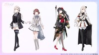 エルダンジュメンバーのキャラクター設定画より、左からペア衣装を着るユカリとサナ、シングルの衣装を着るノア、ユカリ。
