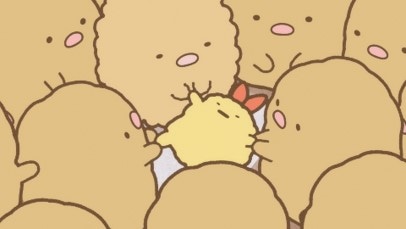 「映画 すみっコぐらし ツギハギ工場のふしぎなコ」場面カット。とんかつが大量発生。