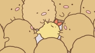 「映画 すみっコぐらし ツギハギ工場のふしぎなコ」場面カット。とんかつが大量発生。