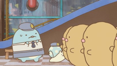 「映画 すみっコぐらし ツギハギ工場のふしぎなコ」場面カット。とんかつ大量発生にたじろぐとかげ。