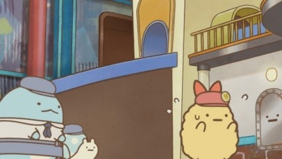 「映画 すみっコぐらし ツギハギ工場のふしぎなコ」場面カット。ハプニングに慌てるえびふらいのしっぽ。