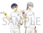 楽天ブックスの特典である「撮り下ろしアクリルプレート＆缶バッジ（57mm)）2個セット」。ファミリーマートで受け取ると撮り下ろしアクリルプレートの代わりにシューレースが手に入る。デザインは同一だ。