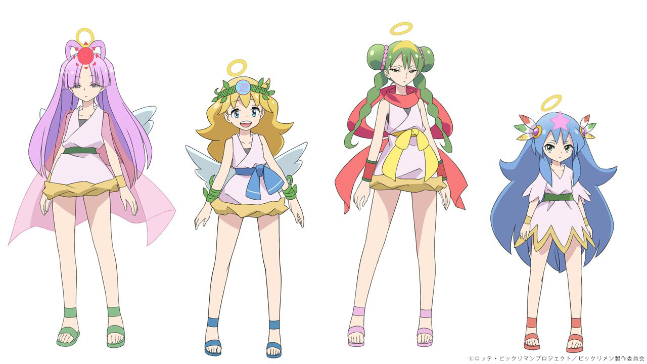 メイドンキャラクターのアニメ設定画。左からメイドン霊使（牛若、CV：森嶋秀太）、メイドン遊使（ジャック、CV：橘龍丸）、メイドン豊使（フッド、CV：阿座上洋平）、メイドン幻使（ピーター、CV：榊原優希）。