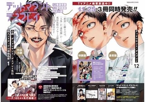 「小説デッドマウント・デスプレイ外伝 怪人ソリティアの神仙偽術」1巻と「デッドマウント・デスプレイ」12巻告知ページ。