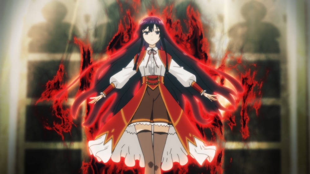 TVアニメ「悪役令嬢レベル99 ～私は裏ボスですが魔王ではありません～」第1話「裏ボス、学園に入学する」の場面カット。
