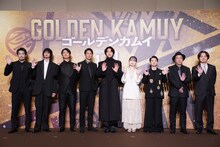 映画「ゴールデンカムイ」の完成報告会の様子。左から大谷亮平、柳俊太郎、工藤阿須加、玉木宏、山崎賢人、山田杏奈、矢本悠馬、久保茂昭監督、松橋真三氏。