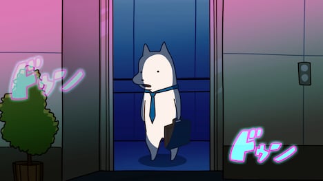 TVアニメ「貼りまわれ！こいぬ」第1話「こいぬとエレベーター」の場面カット。