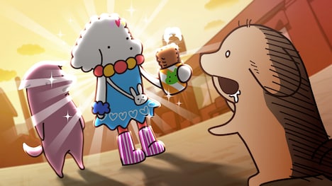 TVアニメ「貼りまわれ！こいぬ」第1話「こいぬと空腹」の場面カット。