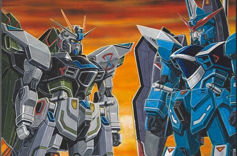 大河原邦男によるリアルタイプカラーのフリーダムガンダムと、ジャスティスガンダムの原画。