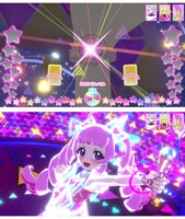 「ひみつのアイプリ」の画面イメージ。ライブの盛り上がりが最高潮に達すると、コーデが光り出して「バズリウムチェンジ」が発生する。