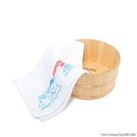 「南国少年パプワくん パプワ島温泉 特製タオル」と「南国少年パプワくん パプワ島温泉 特製湯おけ」。