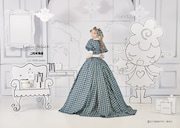 「ご近所物語」をモチーフにした「LU-1008 Green」。実果子とツトムがペアルックのイラストからオマージュされたチェック柄のドレス。ハッピーベリーのロゴ入りタイと、大きなパフスリーブがポイントだ。