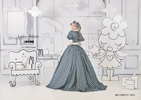 「ご近所物語」をモチーフにした「LU-1008 Green」。実果子とツトムがペアルックのイラストからオマージュされたチェック柄のドレス。ハッピーベリーのロゴ入りタイと、大きなパフスリーブがポイントだ。