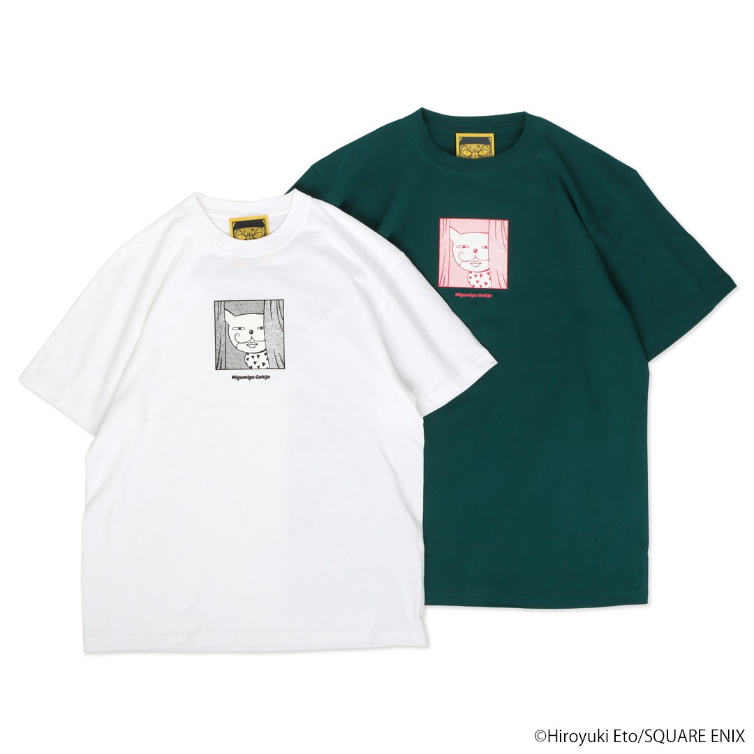 「魔法陣グルグル 魔法のTシャツ ミグミグ劇場」カラーはひかり（白）とやみ（深緑）の2種類。