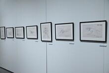 「DESIGNS 永野護デザイン展」より、「銀河漂流バイファム」「巨神ゴーグ」「聖戦士ダンバイン」の展示エリア。(c)サンライズ  (c)創通・サンライズ