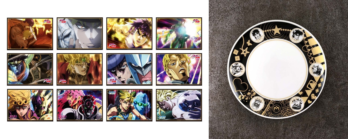 「JOJO's Quiz & Adventure」の参加者全員特典のポスター（左）と全コースクリア特典のプレート（右）。