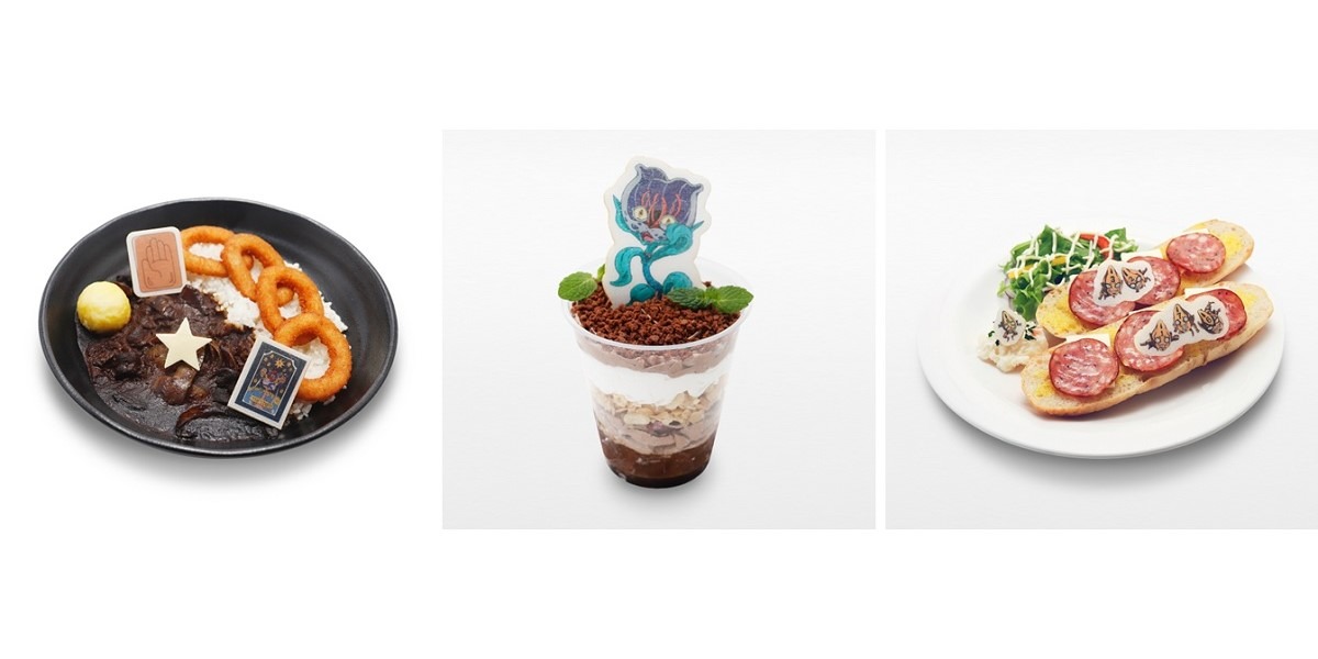 左から「承太郎のスターダストブラックカレー」「猫草カップデザート」「ピストルズサラミオープンサンド」。