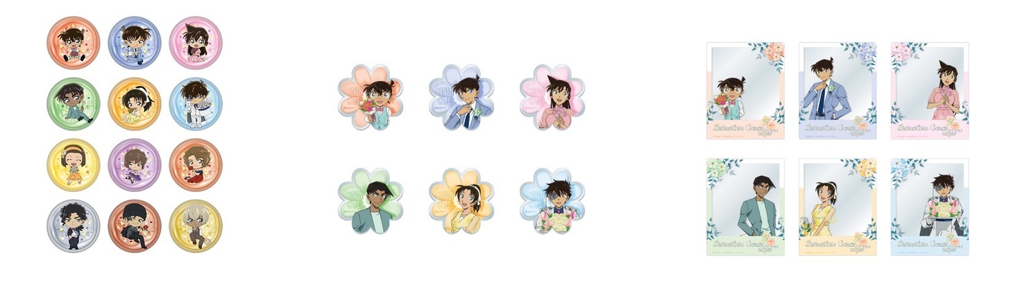 左から缶バッジ（ランダム12種）、アクリルマグネット（ランダム6種）、アクリルカード（ランダム6種）。