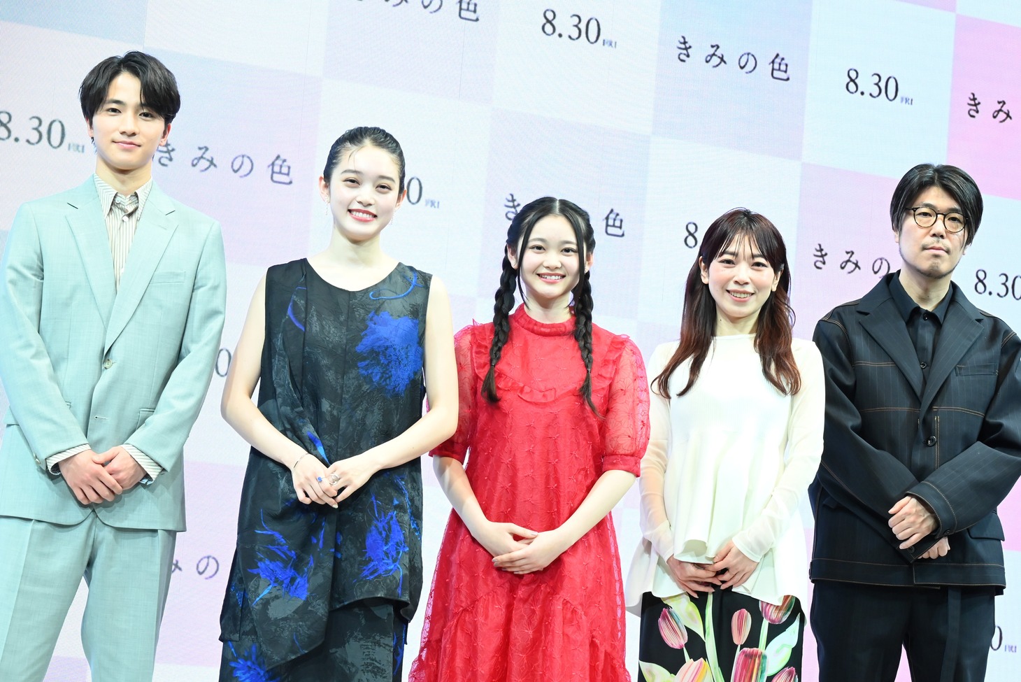 左から木戸大聖、高石あかり、鈴川紗由、山田尚子監督、川村元気プロデューサー。