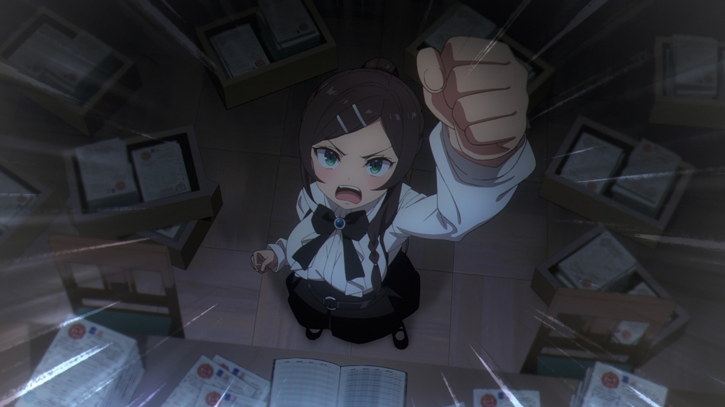 TVアニメ「ギルドの受付嬢ですが、残業は嫌なのでボスをソロ討伐しようと思います」ティザーPVより。