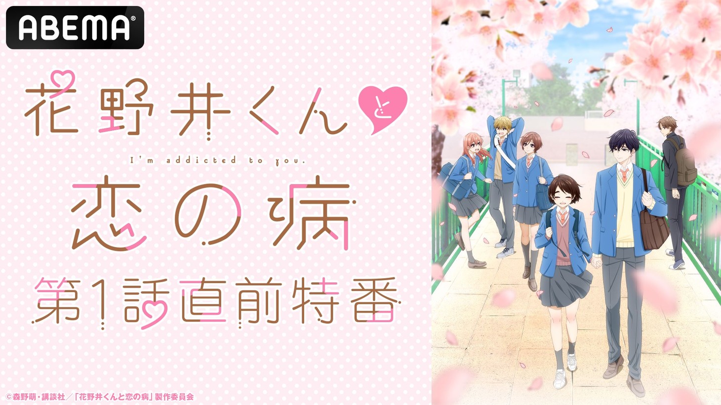 「TVアニメ『花野井くんと恋の病』第1話直前特番」の告知画像。