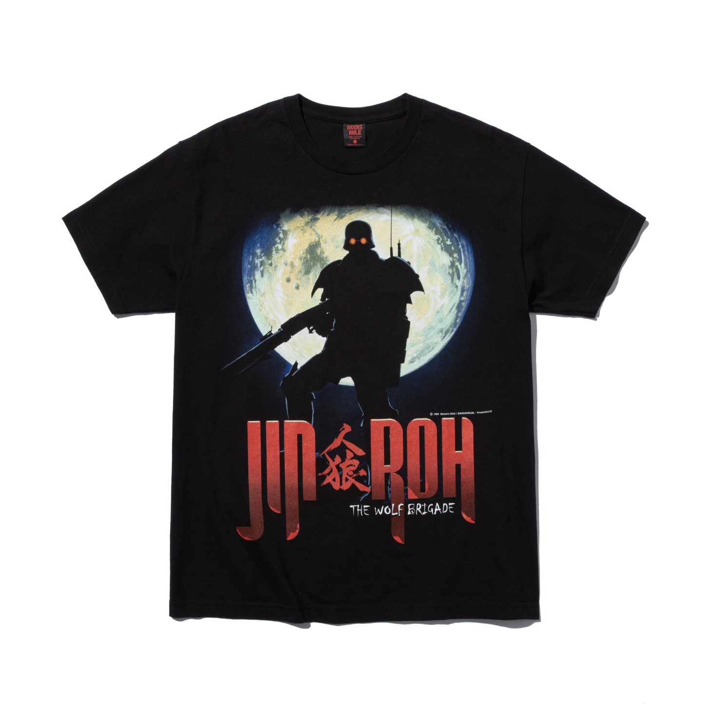 展示される「Production I.G × GEEKS RULE シリーズ Vol.1 人狼 JIN-ROH × GEEKS RULE 12 SILKSCREEN PRINTING T SHIRT」。 (c)1990 押井守／BANDAIVISUAL·ProductionI.G