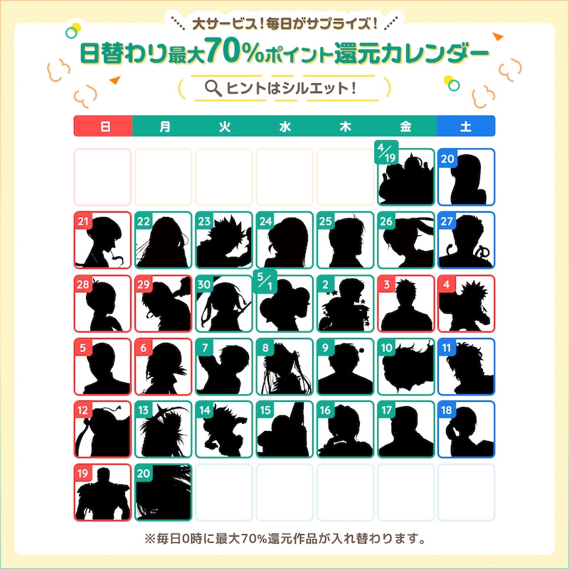 「DMMブックススーパーセール2024 GW」の「還元カレンダー」。