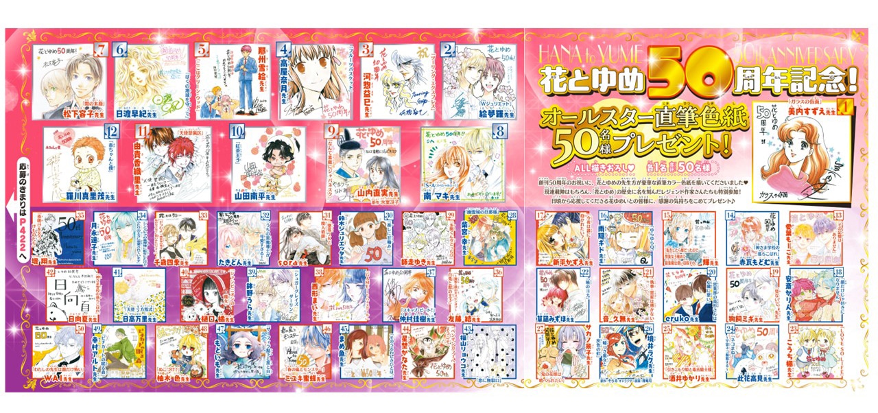 直筆イラスト色紙プレゼント企画の対象作品一覧。