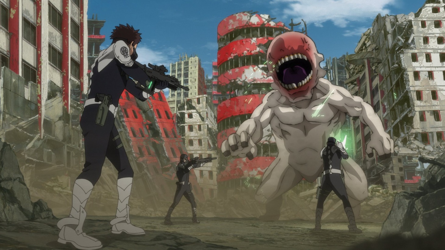 アニメ「怪獣8号」第4話の場面カット。