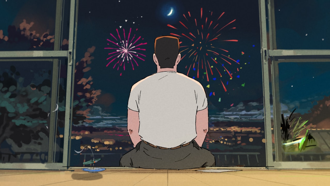 木下麦×此元和津也×CLAPによる新作アニメ映画　縁側で花火を見上げる男のビジュアル
