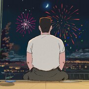 木下麦×此元和津也×CLAPによる新作アニメ映画 縁側で花火を見上げる男のビジュアル