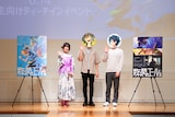 オリジナル劇場アニメ「数分間のエールを」学生向けティーチインイベントの様子。左から和泉風花、ぽぷりか監督、おはじき副監督。