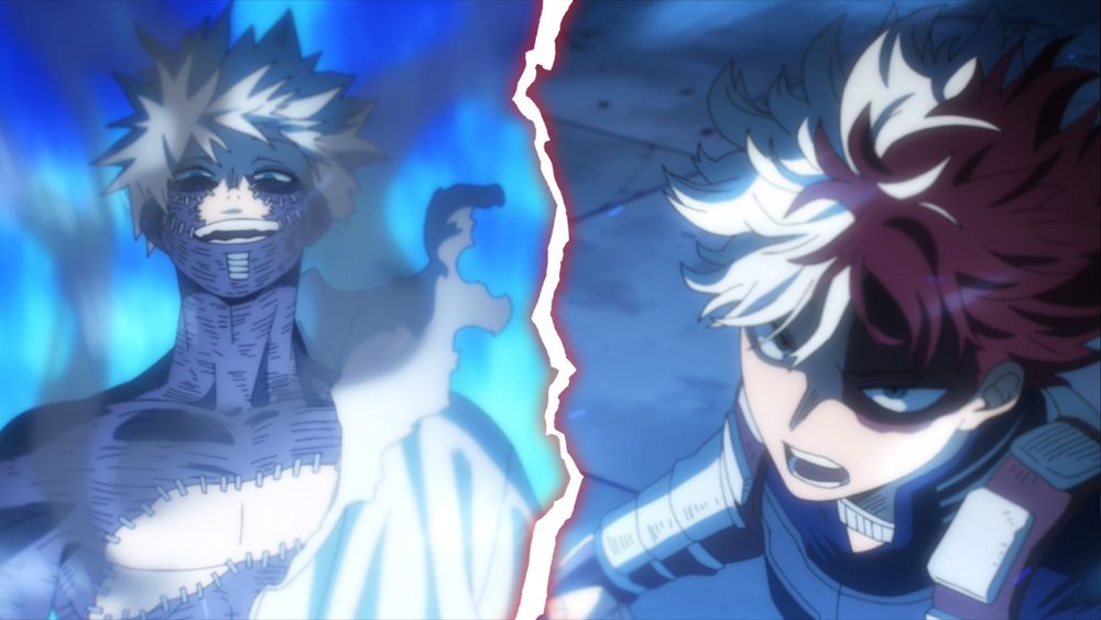 アニメ「僕のヒーローアカデミア」より、左から荼毘、轟焦凍。