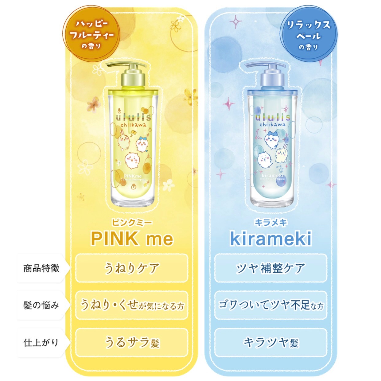「PINKme」シリーズ、「kirameki」シリーズの比較表。